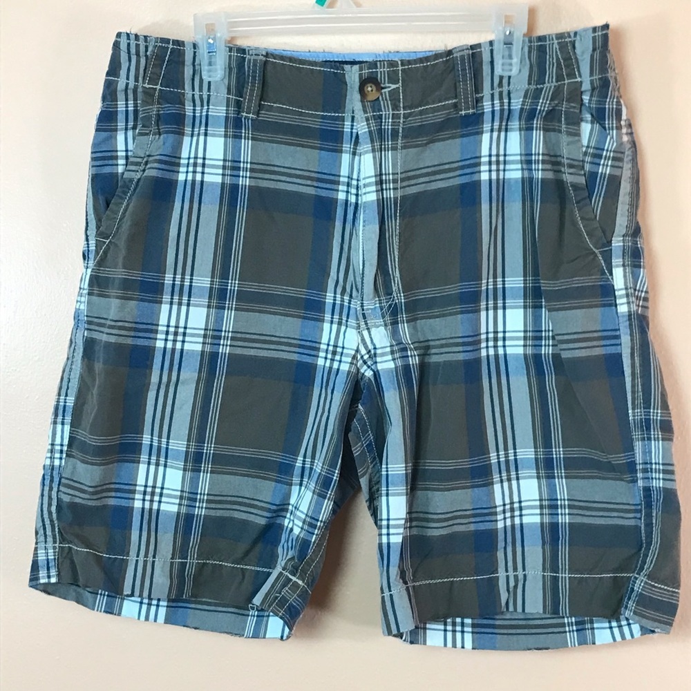 American Eagle Olive Green Blue White Plaid Chino Shorts Men 36